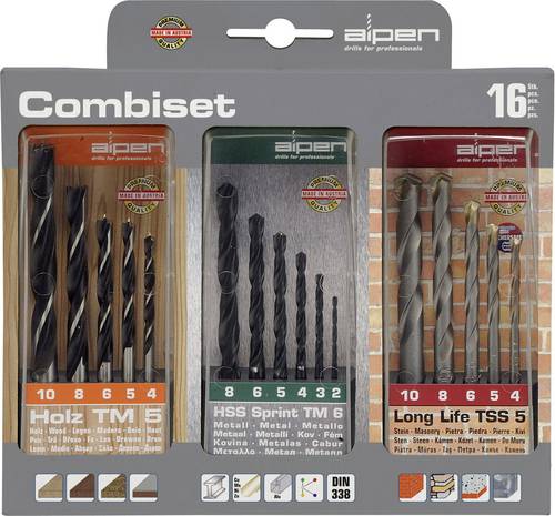 Alpen 801003100 16teilig Bohrer- und Bit-Sortiment Metall, Stein, Beton, Mauerwerk, Ziegel, Holz 2 mm, 3 mm, 4 mm, 5 mm, 6 mm