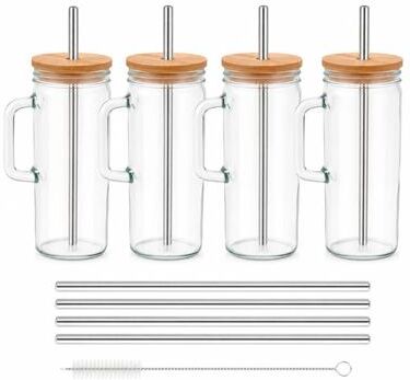 BPC 4-Pack Glass Tumblers with Handles, Bamboo Lids, Stainless Steel Straws & Cleaning Brush