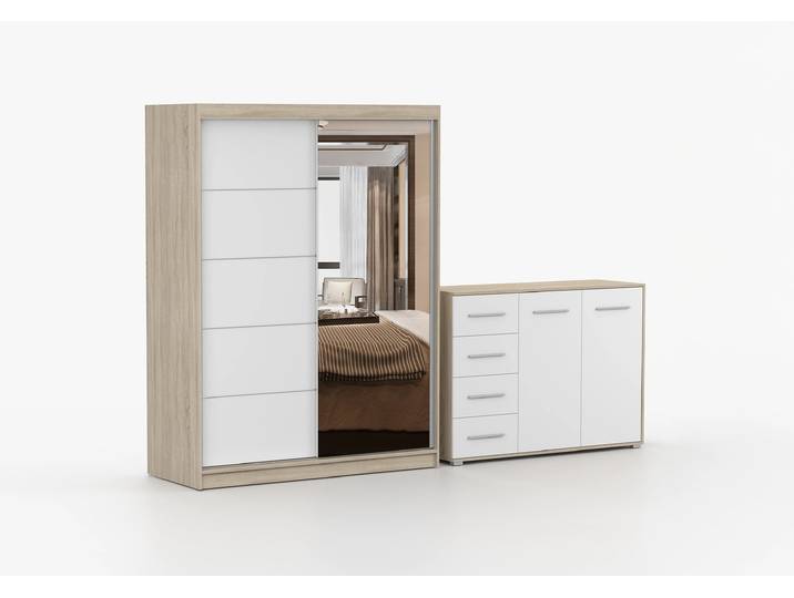 Schwebetürenschrank und Kommode 2-er Set VISTA 05/FRIDA 01 Sonoma Eiche Weiß + Spiegel Ohne LED-Beleuchtung
