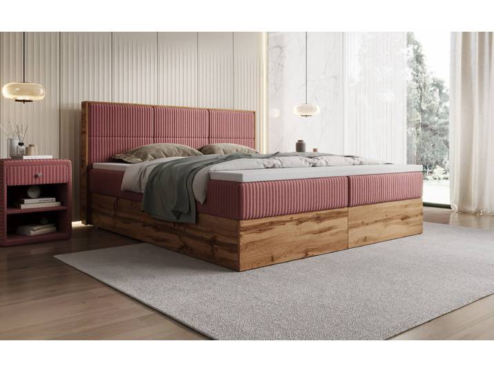 Boxspringbett Timber Panel in Cord mit Stauraum - 140x200 - Rosé - H4 (100kg+) - Luxusbetten24