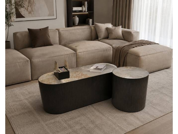 JVmoebel Couchtisch Couchtisch Set Oval Rund Marmoroptik Geriffelt Schwarz 2er Set, Made in Europa