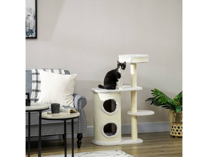 PawHut Arbre à chat 2 griffoirs sisal naturel niche cylindrique 2 plateformes pompon suspendu peluche blanc crème