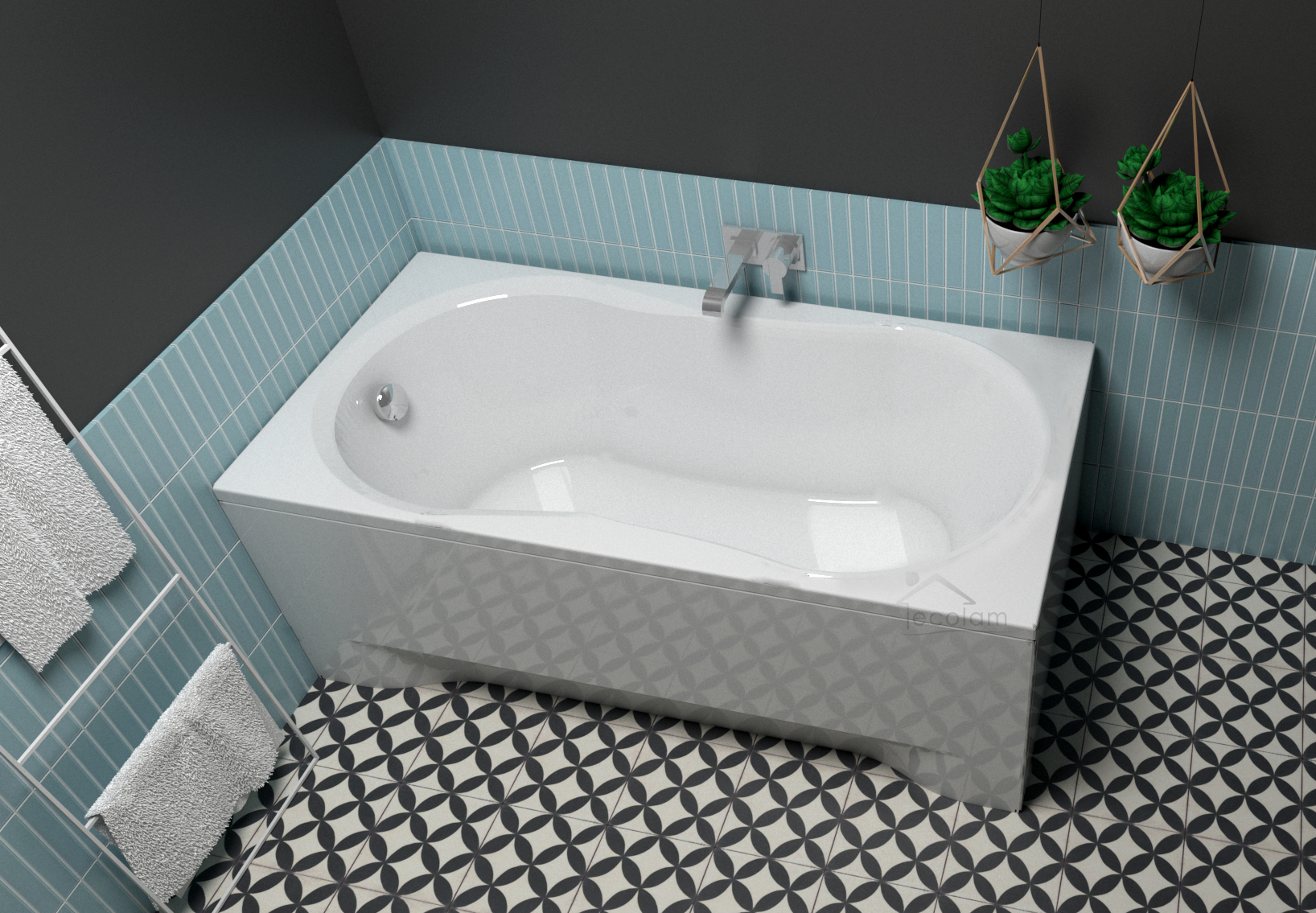 ECOLAM Badewanne Wanne Rechteck G-Polimat Acryl weiß 150x70 cm + Schürze Ablaufgarnitur Automatik Füße Silikon