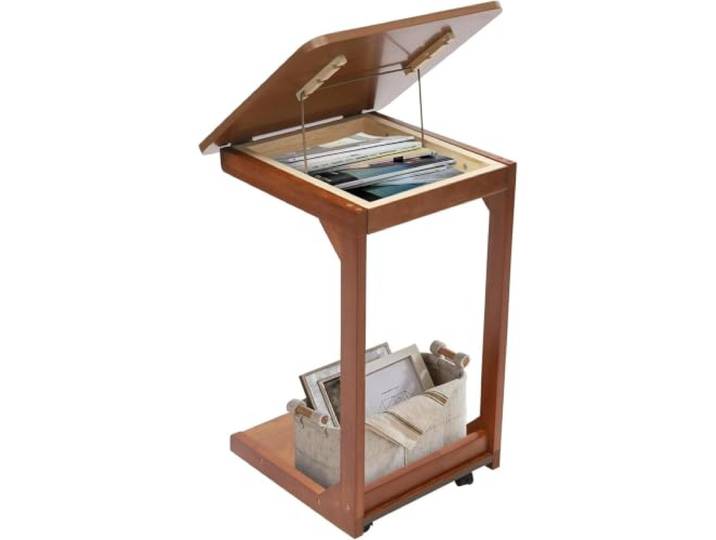 HJLJHS Mobile C-Shaped End Table, with Concealed Storage Compartment C Table With Lockable Wheels, Load Adjustable Desktop Wooden Couch Table for Living Room,Bedroom(Walnut)