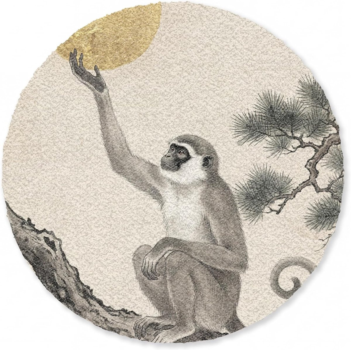 Rond Vloerkleed Modern Aap - Maan - Goud, Polyamide, Diameter: 120 cm