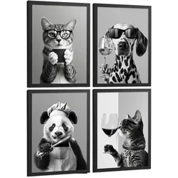 POSTER 4er Set Lustige Tiere mit Brille Wandbilder Katze Dalmatiner Panda Koch Schwarz Weiß Küche Deko Schwarzer Rahmen A3