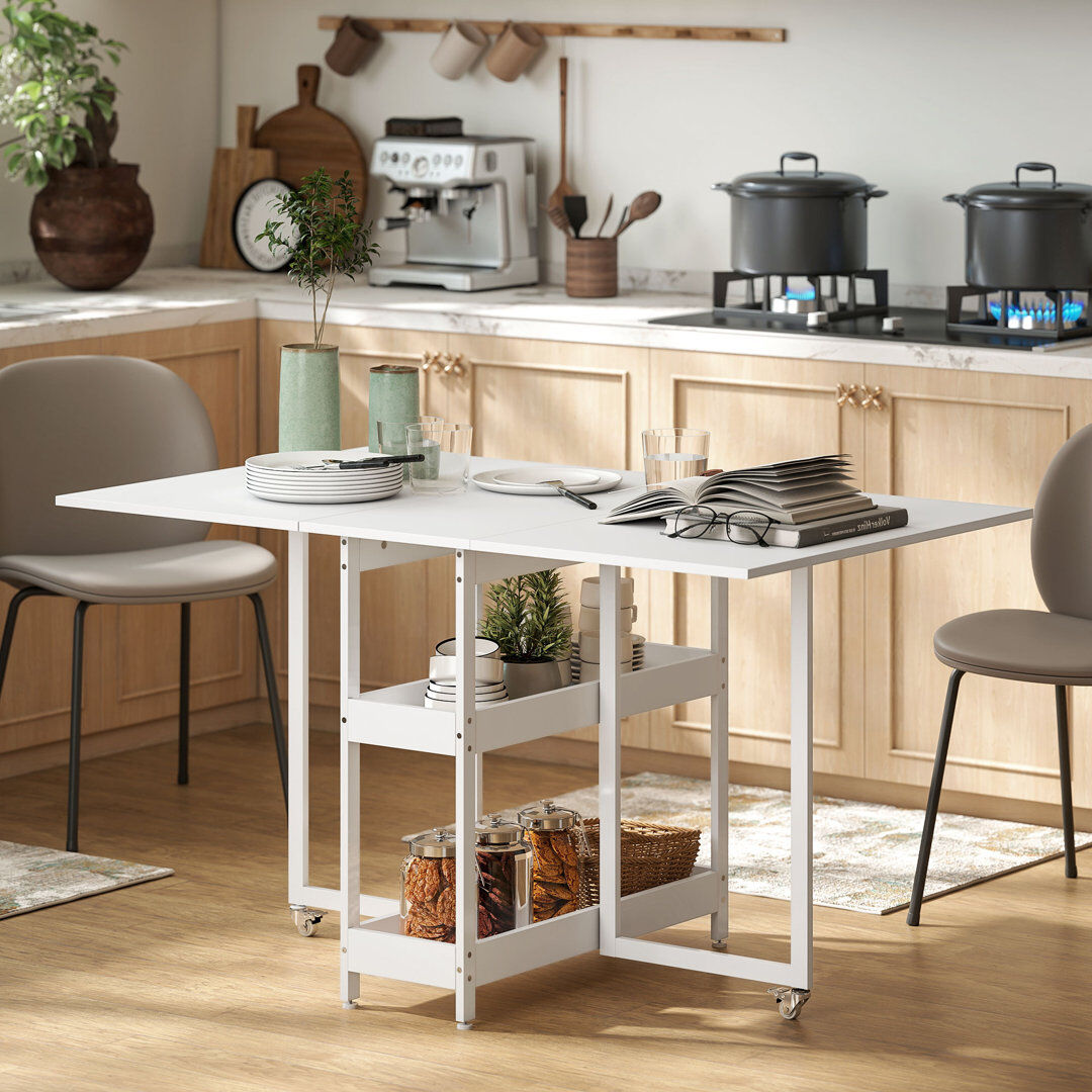 17 Stories HOMCOM Folding Dining Table, Drop Leaf Table w/ Open Compartments White