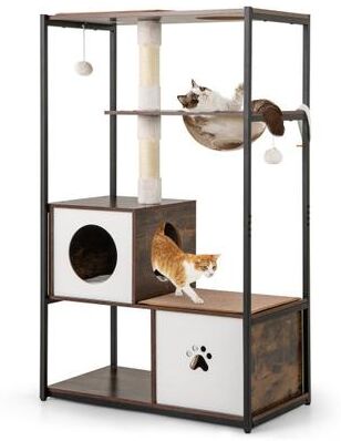 Costway 52 Inch Tall Wooden Cat Tree Metal Frame with 2 Condos and Cushions-Coffee