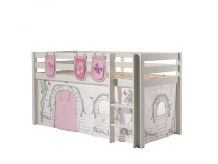 Vipack Spielbett Pino mit Textilset Vorhang und 3 Taschen Birdy Kiefer massiv weiß lackiert