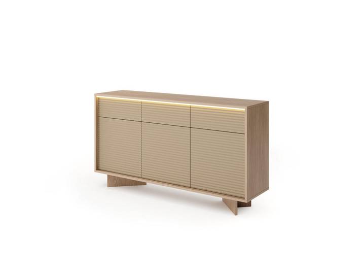 Ravio Sideboard Torsano (Bolivar Natur/Cappuccino, 3 Türen, 3 Schubladen, LED-Beleuchtung, Push-to-Open), Beige, Eichefarben, Holz, Eiche, Rechteckig, 154x84x40 cm, Kleinmöbel, Kommoden, Sideboards