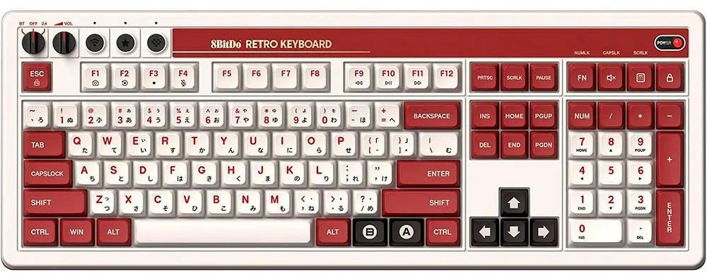 8Bitdo Retro 108 Mechanisch Toetsenbord, Bluetooth en Draadloos, Bourgondië en Wit