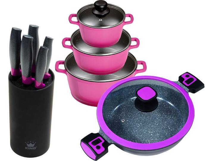 KING Topf-Set Berry, Aluminiumguss (Set, 10-tlg., 3 Töpfe, 3 Deckel, 1Servierpfanne m. Deckel, Messerblock mit 5 Messern), Induktion