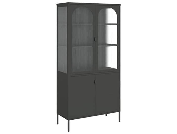 HGFDVCMR Highboard Schwarz 90x40x180 cm Vitrinenschrank Riffelglas Stahl Stilvoller Vitrinenschrank aus schwarzem Stahl und Riffelglas mit 3 verstellbaren Böden für Wohnzimmer und Flur.