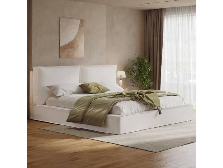 BXEYXE Polsterbett,Doppelbett,180 x 200cm,hydraulisches Funktionsbett,Bett mit Lattenrost, Kopfteil, gepolstertes Kopfteil, Beige, bouclé