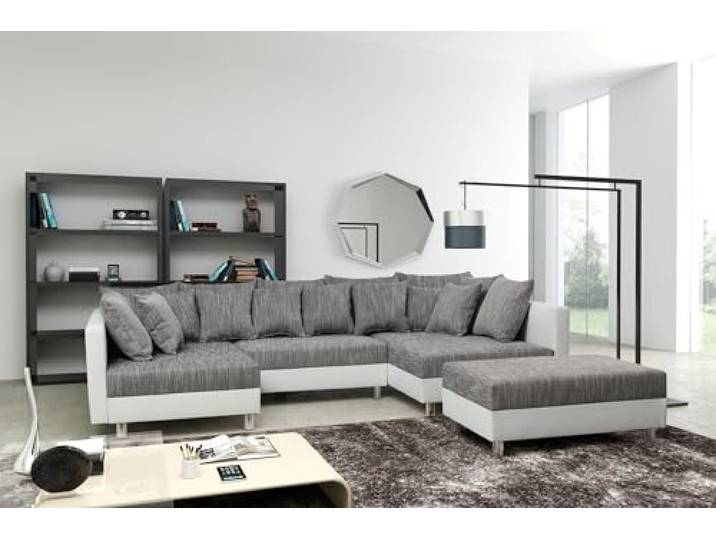 Kuechen-preisbombe Wohnlandschaft Sofa Couch Ecksofa Eckcouch + Hocker weiß/hellgrau Minsk XXL