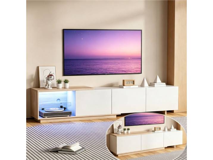 Meuble TV moderne Extensible 163-240 cm Armoire TV à éclairage LED 3 tiroirs de Rangement et Niche Ouverte Banc TV