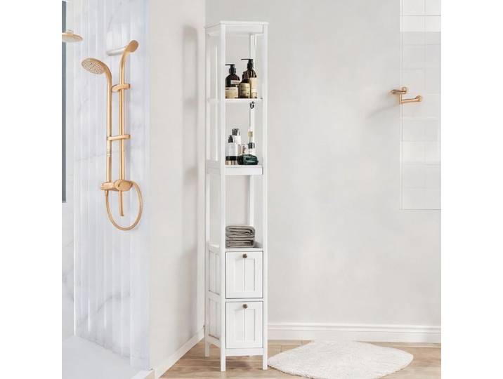 Colonne de rangement étroite en MDF blanc 160 cm 2 tiroirs et 3 étagères
