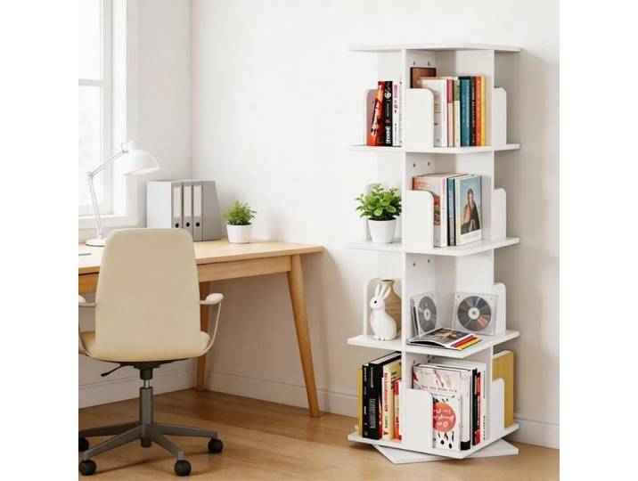 Rcynview Bibliothèque rotative 360° 4 Niveaux Étagère tournante Blanc étagère de Bureau de Rangement Pour Salon Chambre Bureau