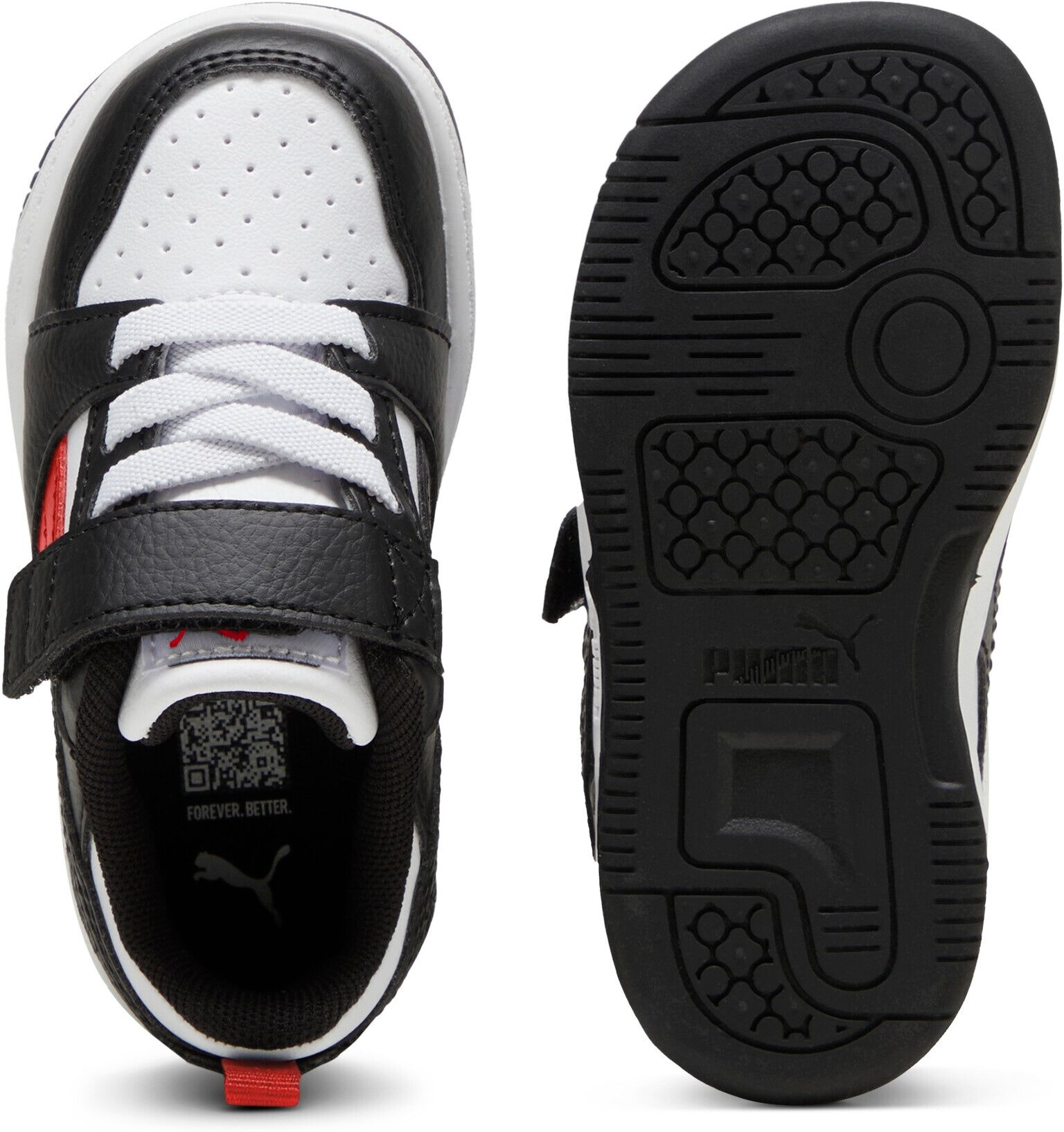 Sneaker PUMA "REBOUND V6 LO AC+ INF", Jungen, Gr. 21, Textil, weiss (puma weiß, for all time rot, puma schwarz), Synthetik, Schuhe Sneaker, mit Klettverschluss, weiche Einlegesohle, profilierte Gummilaufsohle puma weiß, for all time rot, puma schwarz 21, 