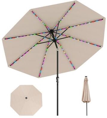 Costway 10 Feet Solar Patio Umbrella with 96 Multi-Colored Flowing LED Lights and Tilt Adjustment-Beige