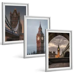 BILDER SET 3er Set - 40x60 cm Silberner Rahmen - London Bridge Big Ben Uhr