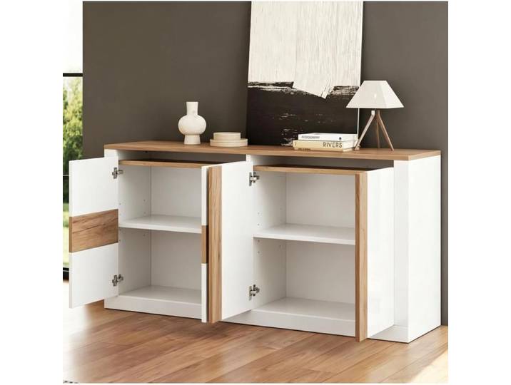 ULEVR Buffet bas 140 x 35 x 70 cm en MDF blanc brillant aspect chêne 4 portes LED RGB