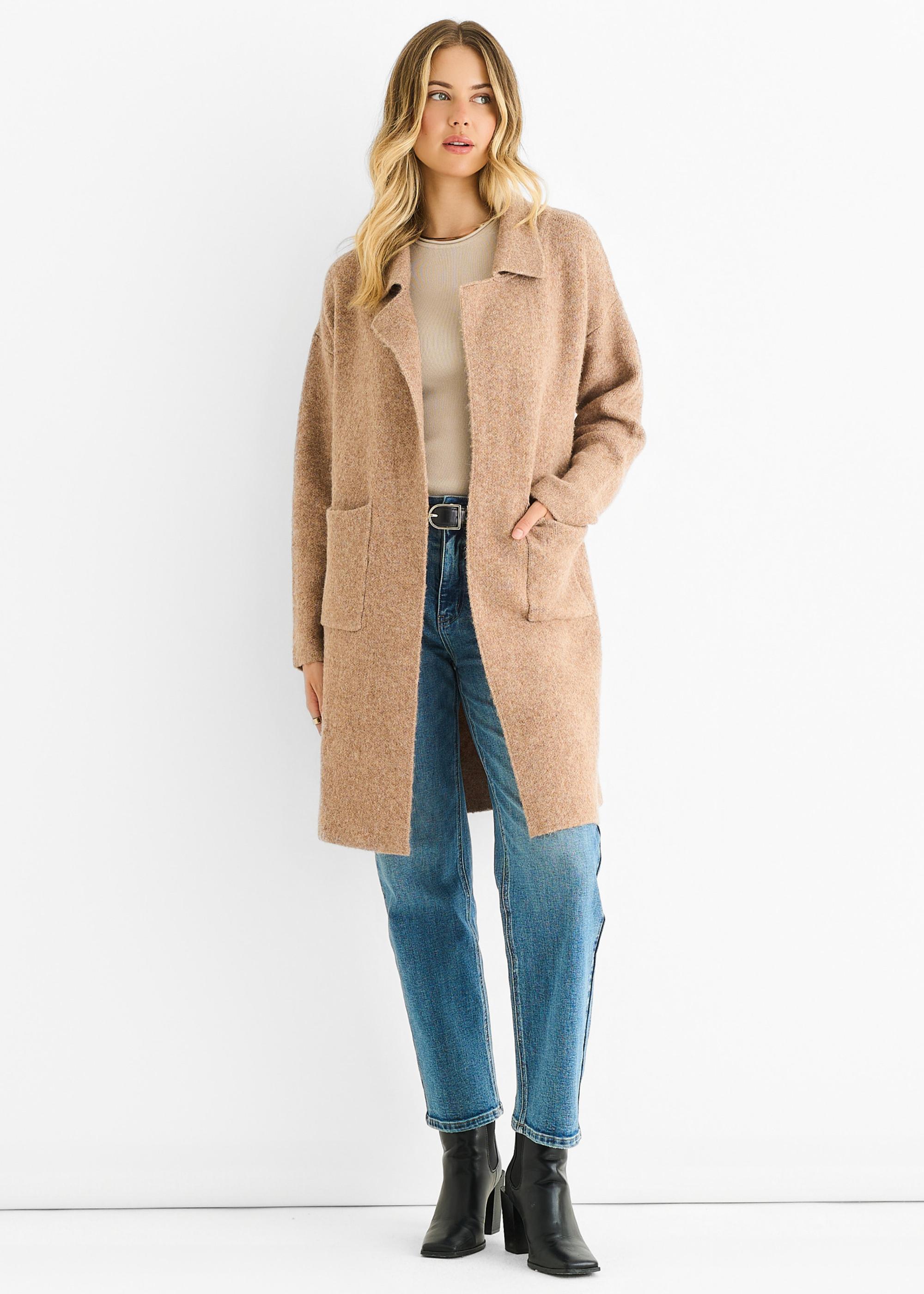 Brauner Wollmix Langarm Cardigan ohne Verschluss