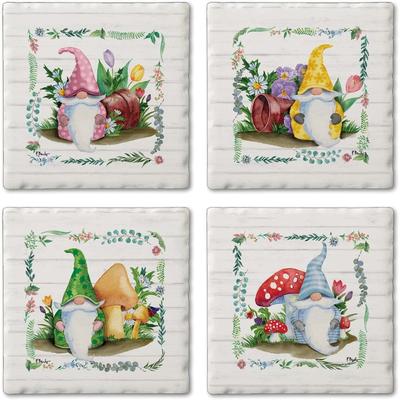 CounterArt Spring Gnome, Multi-Image Absorbent Stone Tumbled Tile Coasters with Protective Cork Backing Set of 4 Made in The USA