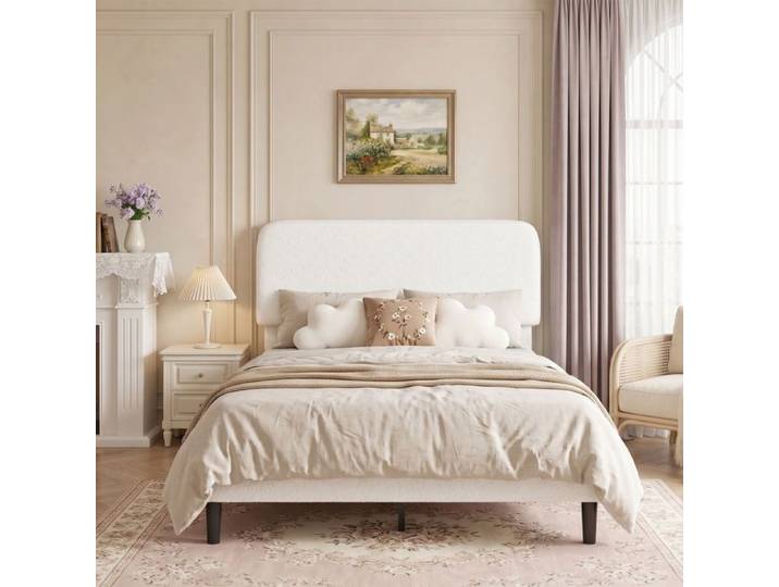 Lit 2 places - 140x190 - Cadre capitonné velours teddy - Sommier 12 lattes - Blanc