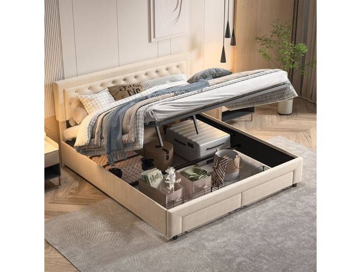 Lit de rangement - 160x200 - Tête capitonnée velours beige - Levage pneumatique - Tiroirs latéraux