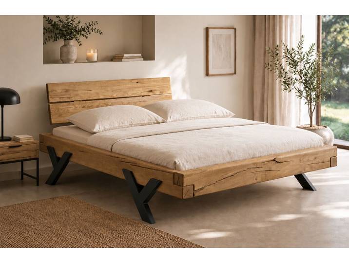Massivholzbett, Eiche, 218×228 cm, Fußteile aus Metall, Klassisch, Home-affaire