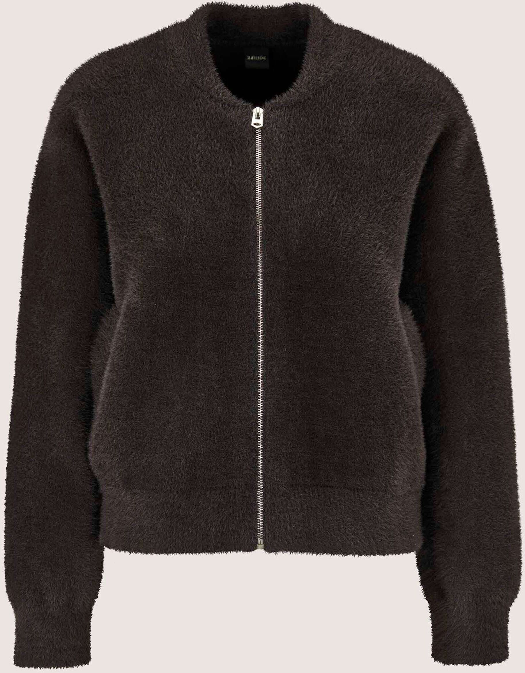 Strickjacke MADELEINE "Strickjacke Strickblouson im Teddyfell-Look", Damen, Gr. 34, braun (bleigrau), Modern, comfort fit, Strickjacken Strickjacke