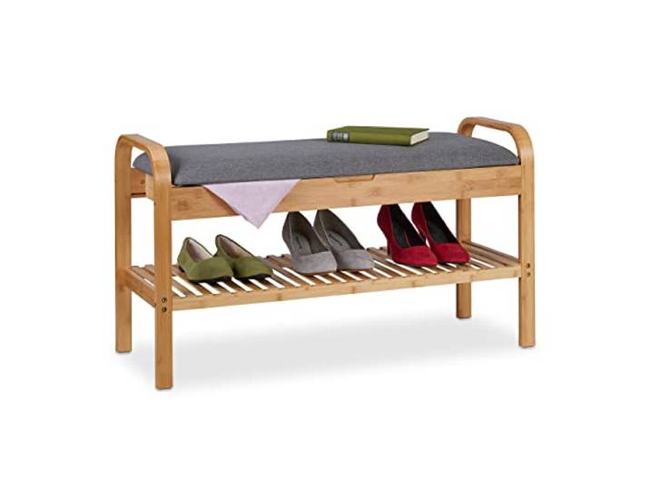 Relaxdays Banquette à Chaussures\, 4 Paires\, HxLxP 50x90x33 cm\, Assise matelassée\, Espace Rangement\, Bambou\, Nature/Gris