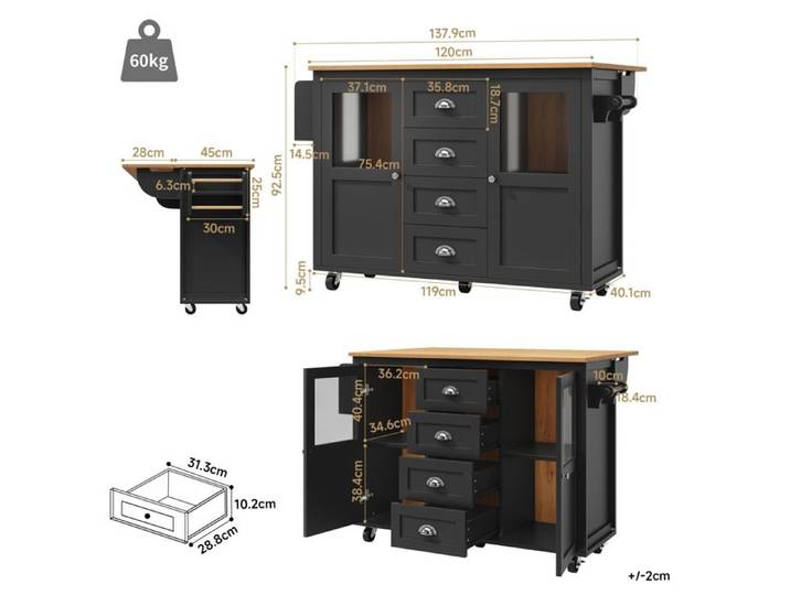 Île de cuisine Armoire de cuisine Armoires à buffet 120x73(45)x93cm Voiture de cuisine extensible avec rouleaux Noir