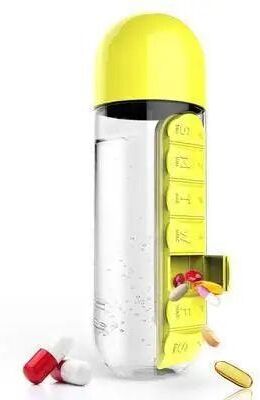 Uplift Treasures 2 In 1 Portable Water Bottle With 7 Day Pill Organizer yellow 600ml