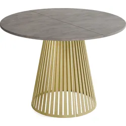 ESSTISCH Naro rund ausziehbar mit Goldenem Lamellen-Metallgestell, Beton-Optik Dunkelgrau 120-200/120/76 cm