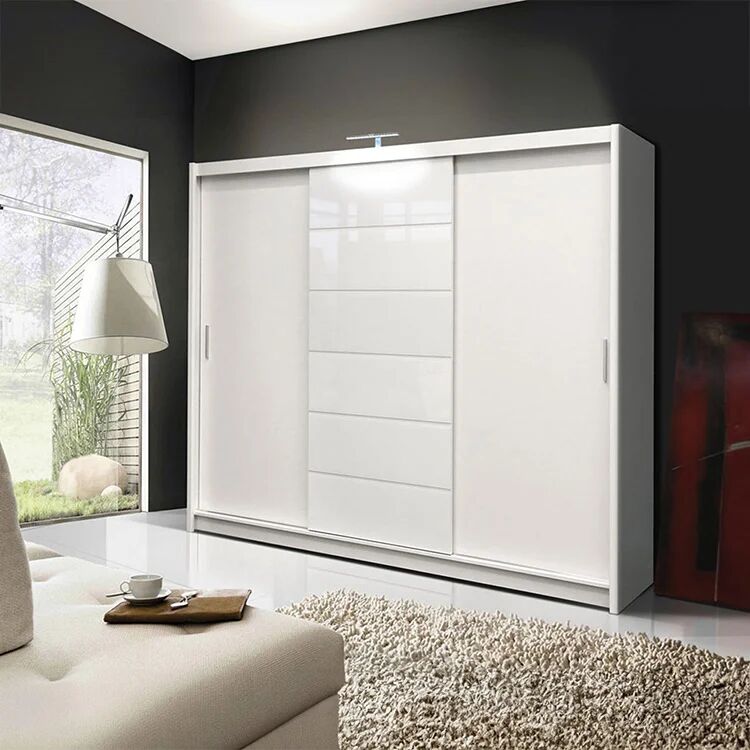 garneroarredamenti Armadio scorrevole 250x215h cm 3 ante moderno cassetti e led bianco Larissa