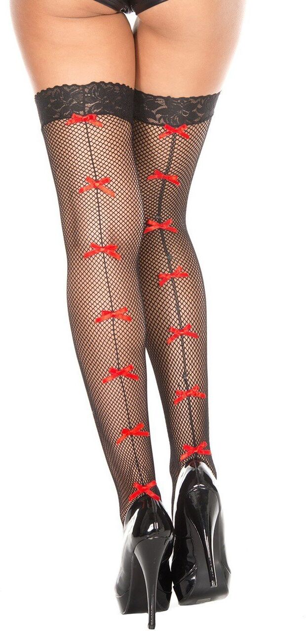 Music Legs Bas noirs autofixants résille couture avec noeuds rouges