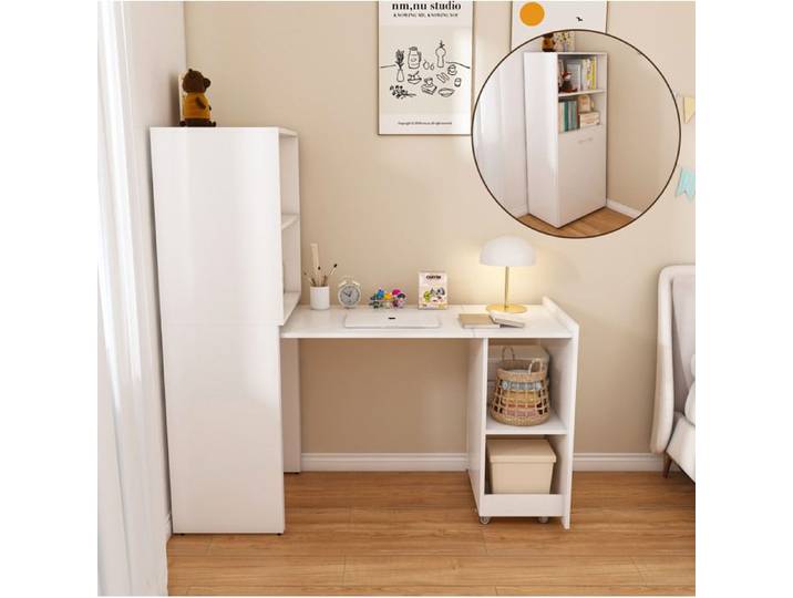 IVMEU Secrétaire bureau escamotable 2 en 1 avec meuble de rangement tablette coulissante blanc
