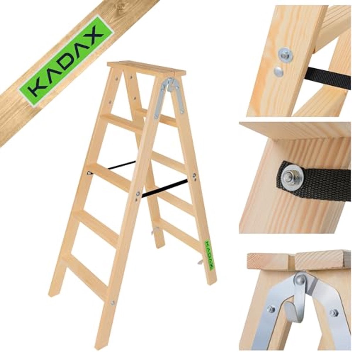 Opvouwbare houten 5-traps huishoudladder met stalen haken voor schilderwerk en renovaties