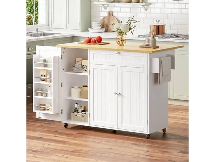 Ropilly Kücheninsel mit klappbarer Arbeitsplatte aus MDF Klappbare Arbeitsplatte, Schublade, Schrank und feststellbare Rollen für Küche und Essbereich