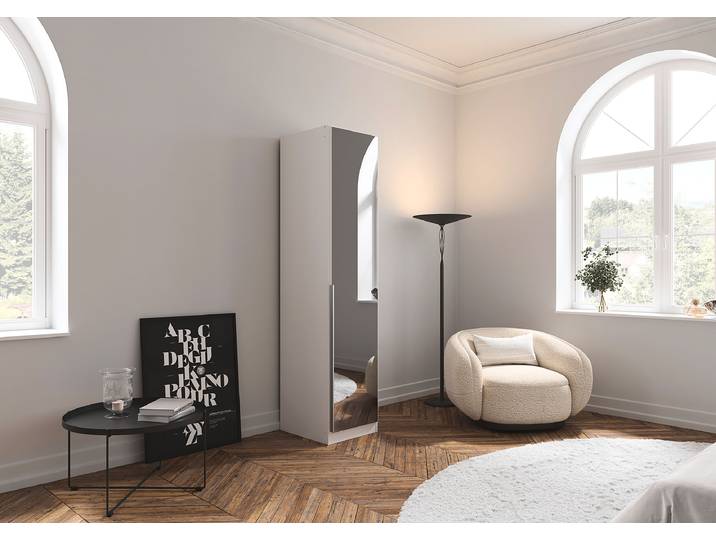 Drehtürenschrank Alabama - Grauspiegel B 47cm Weiß/Alpinweiß Basic Aluminium