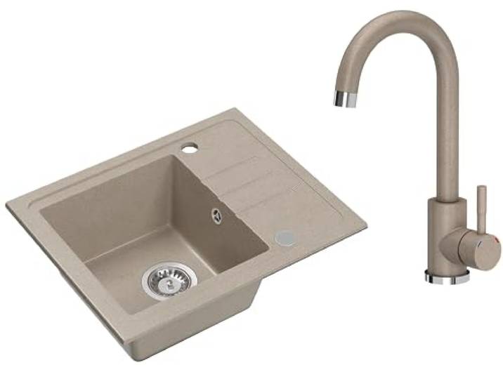 VBChome Granitspüle Beige mit Armatur, 55 x 44 cm, Einzelbecken Einbauspüle, Reversibel, Gesprenkelt, Komplettset mit Siphon und Beige Armatur – Top-Angebot für kleine Küchen