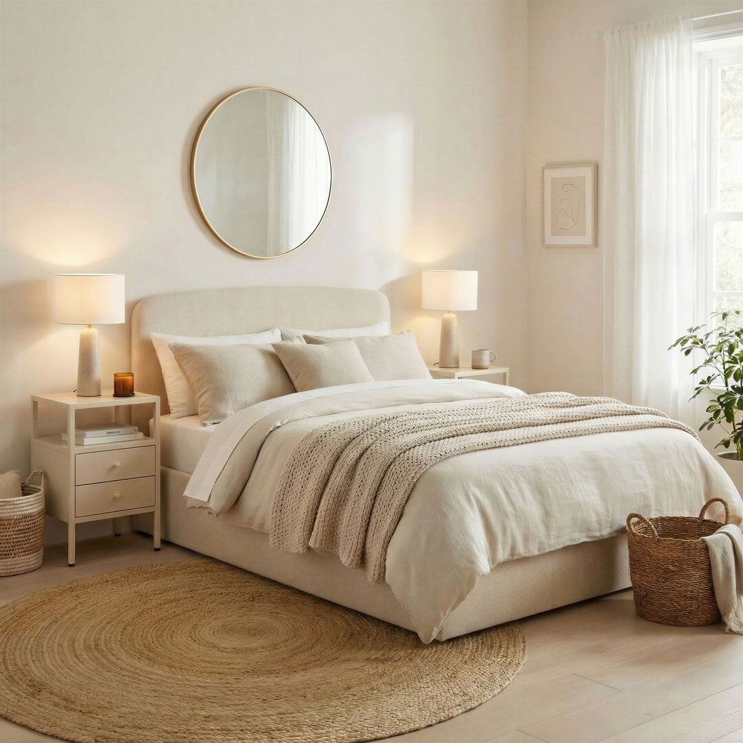 Ebern Designs Aemilia Upholstered Ottoman Bed Frame - Contemporay Elegant Headboard Design Cream Fabric King