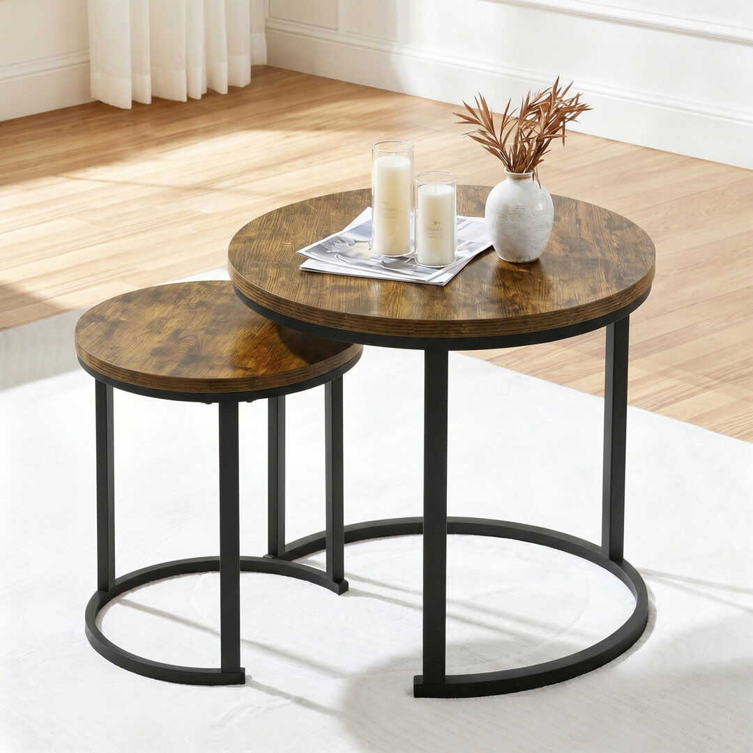 Yaheetech Metal Frame Coffee Table, Round Nesting Table Set Rustic Brown 50.5cm H X 60cm W X 60cm D