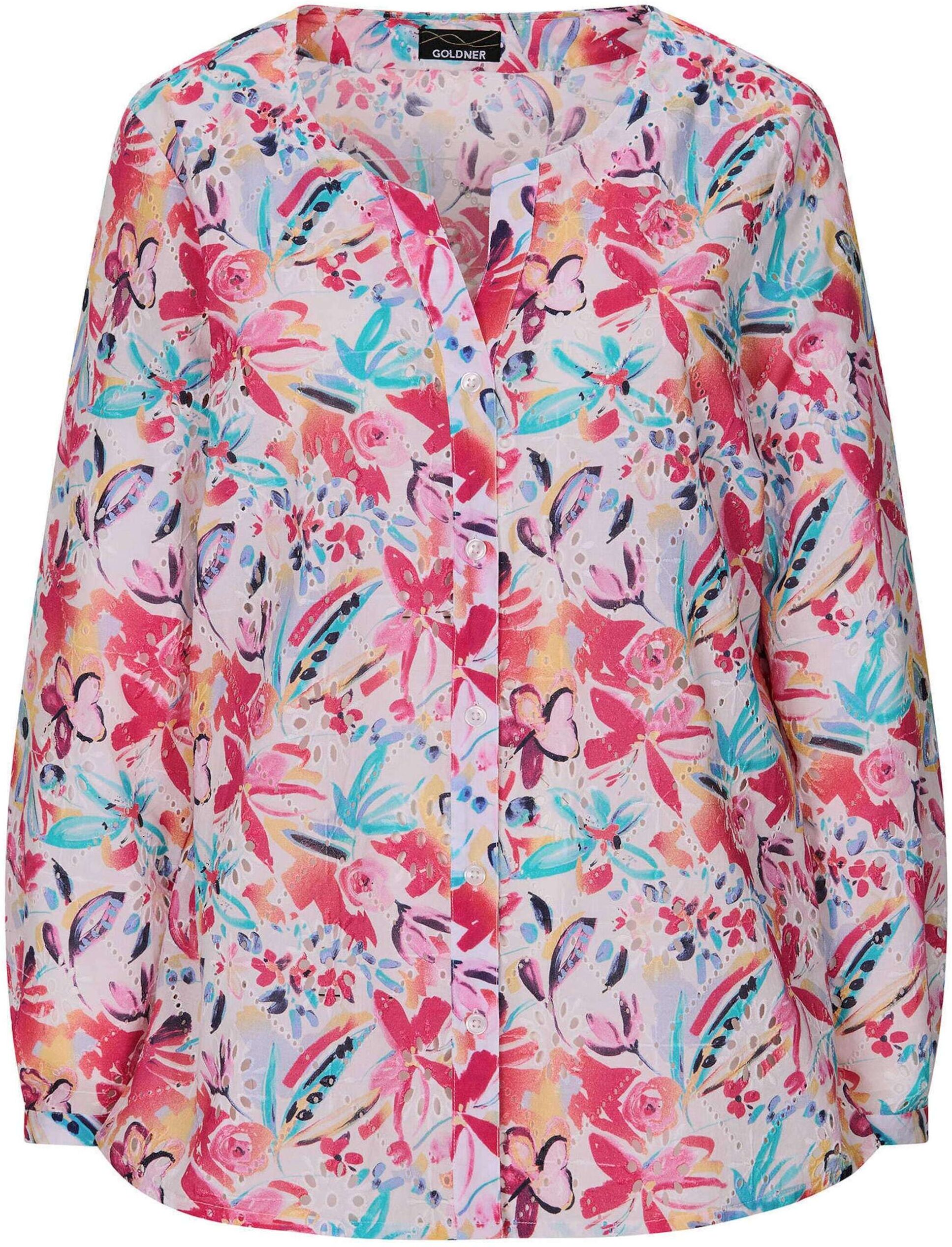 Kurzarmbluse GOLDNER "Druckbluse mit floralem Design", Damen, Gr. 44, bunt (bunt, gemustert), Obermaterial: 100% Baumwolle CO., gerade, Blusen Kurzarmbluse, seitliche Schlitze