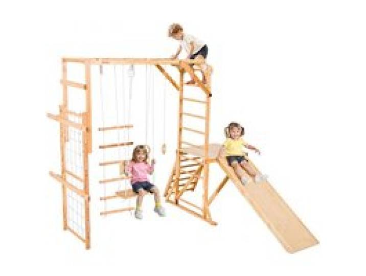 VEVOR Aire de Jeux Intérieure en Bois 8-en-1, avec Toboggan, Balançoire, Barre de Singe, Anneaux de Gymnastique, Échelle en Bois/Corde, Filet et Barre d'Escalade, Structure de Jeux pour Enfants