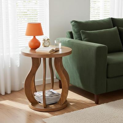 Bluebell Round End Side Table，Farmhouse Wooden Bedside Nightstand with Curved Frame