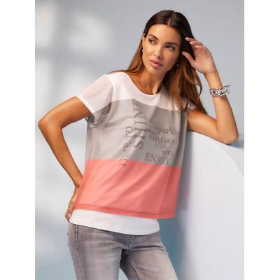 T-Shirt HEINE "Druck-Shirt", Damen, Gr. 42, beige (ecru, sesam, bedruckt), 95% Viskose, 5% Elasthan, Netzware:5% Elasthan, 95% Polyester, gemustert, mehrfarbig, Rundhals, Shirts T-Shirt