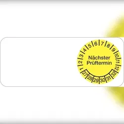 Kabelprüfplakette ab 27, Nächster Prüftermin, Gelb/Schwarz - Bogen = 5 Plaketten - 50 x 20 mm Folie selbstklebend